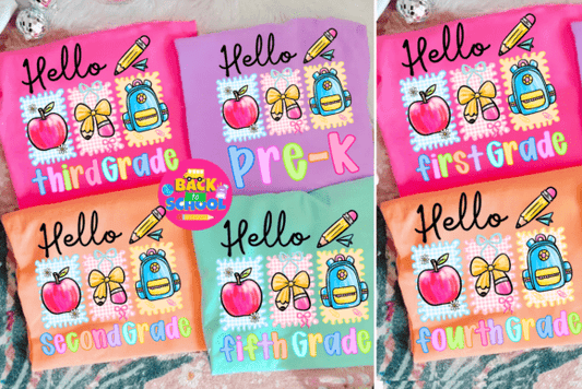 Hello Grade Level stamp style shirt