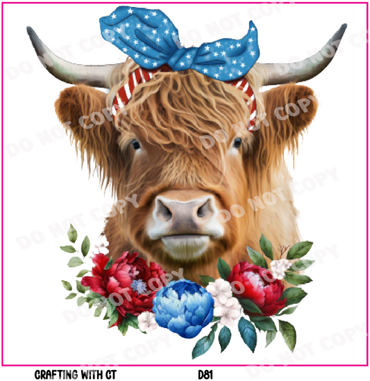 D81 Highland Cow Stars and Stripes decal