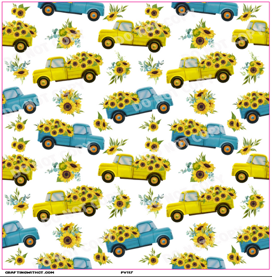 PV117 Sunflowers in pickup trucks vinyl sheet